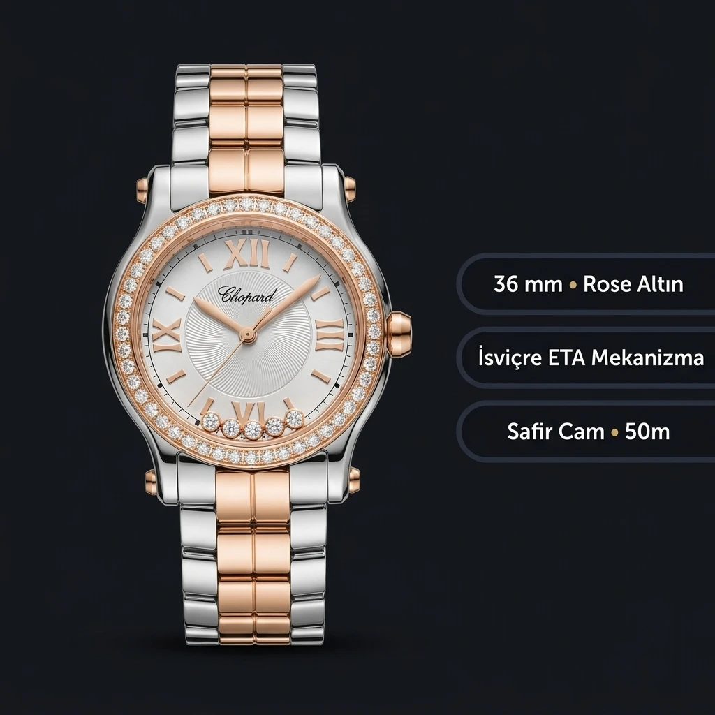 Chopard Happy Sport Rose Altın Gümüş Kadran Elmas Deri Super Clone ETA Saat