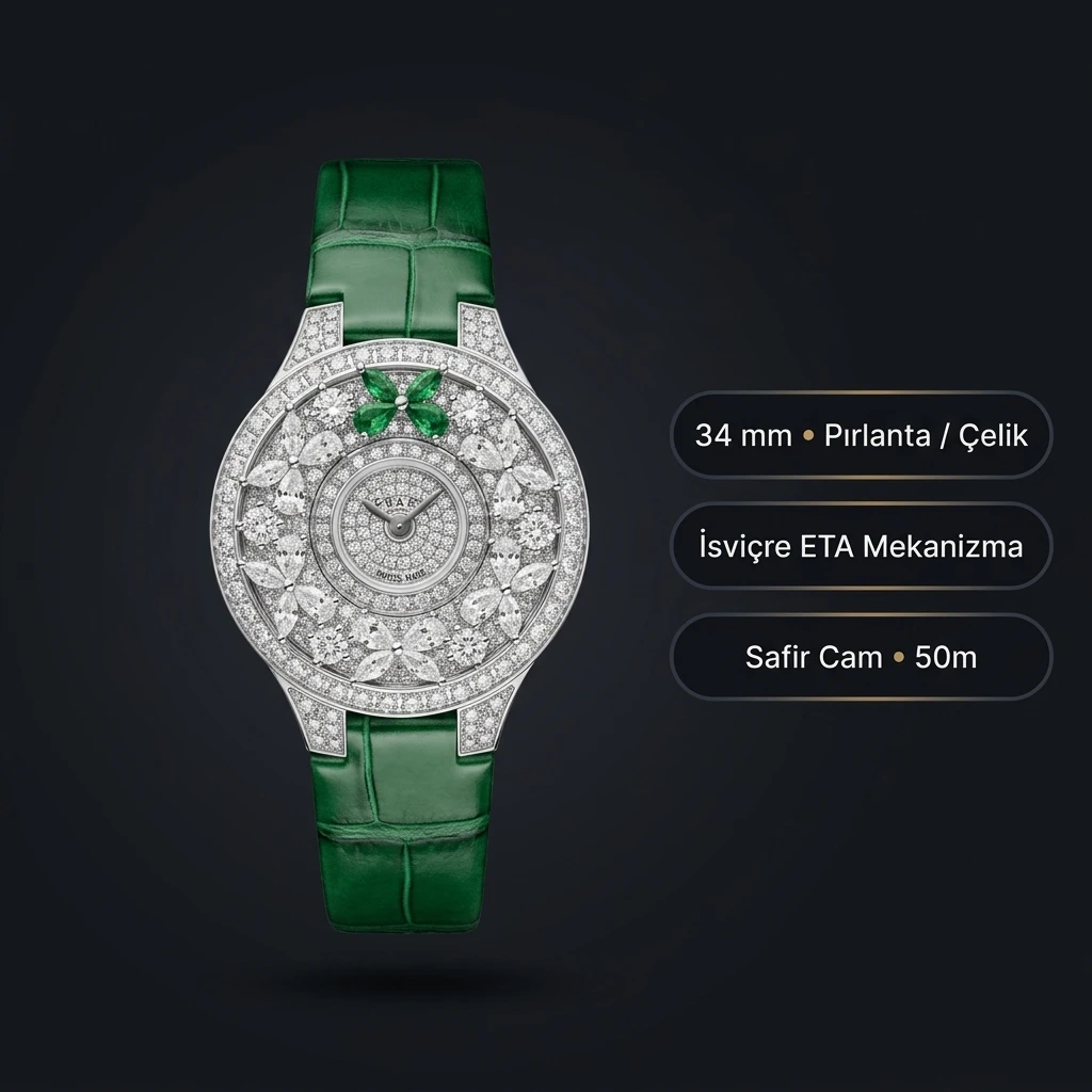 Graff Diamond Çiçek Elmas Yeşil Deri Super Clone ETA Saat