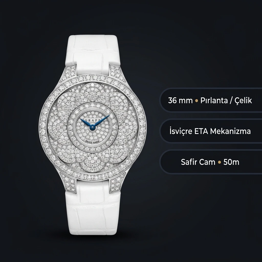 Graff Diamond Elmas Taşlı Beyaz Deri Super Clone ETA Saat