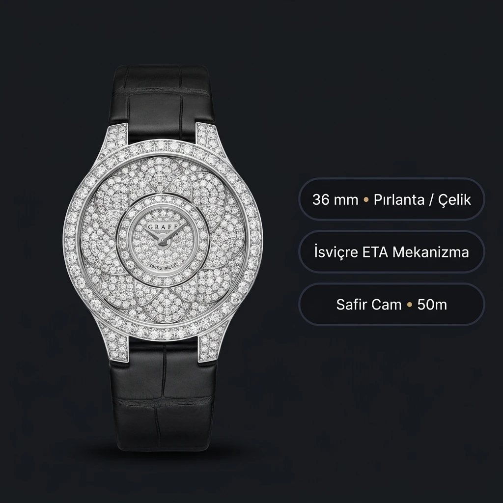 Graff Diamond Elmas Taşlı Pave Siyah Deri Gündüz Super Clone ETA Saat