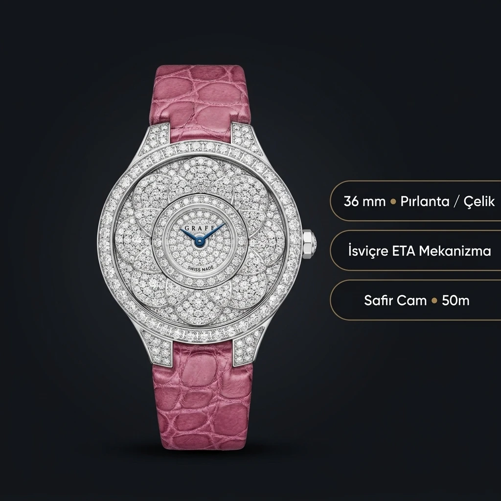 Graff Diamond Elmas Taşlı Pembe Deri Super Clone ETA Saat