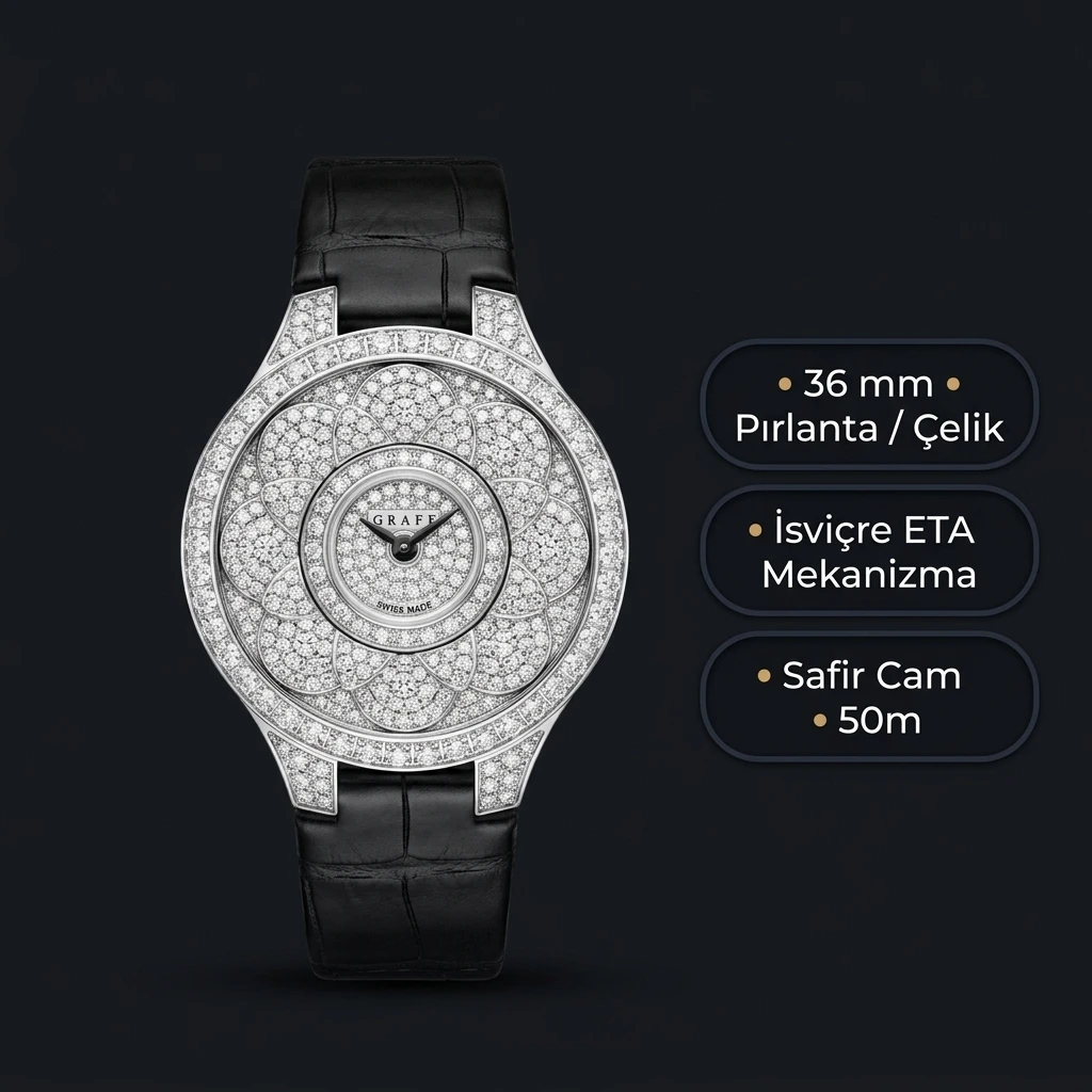Graff Diamond Elmas Taşlı Siyah Deri Super Clone ETA Saat
