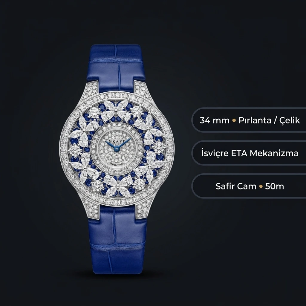 Graff Diamond Kelebek Elmas Çiçek Mavi Deri Super Clone ETA Saat