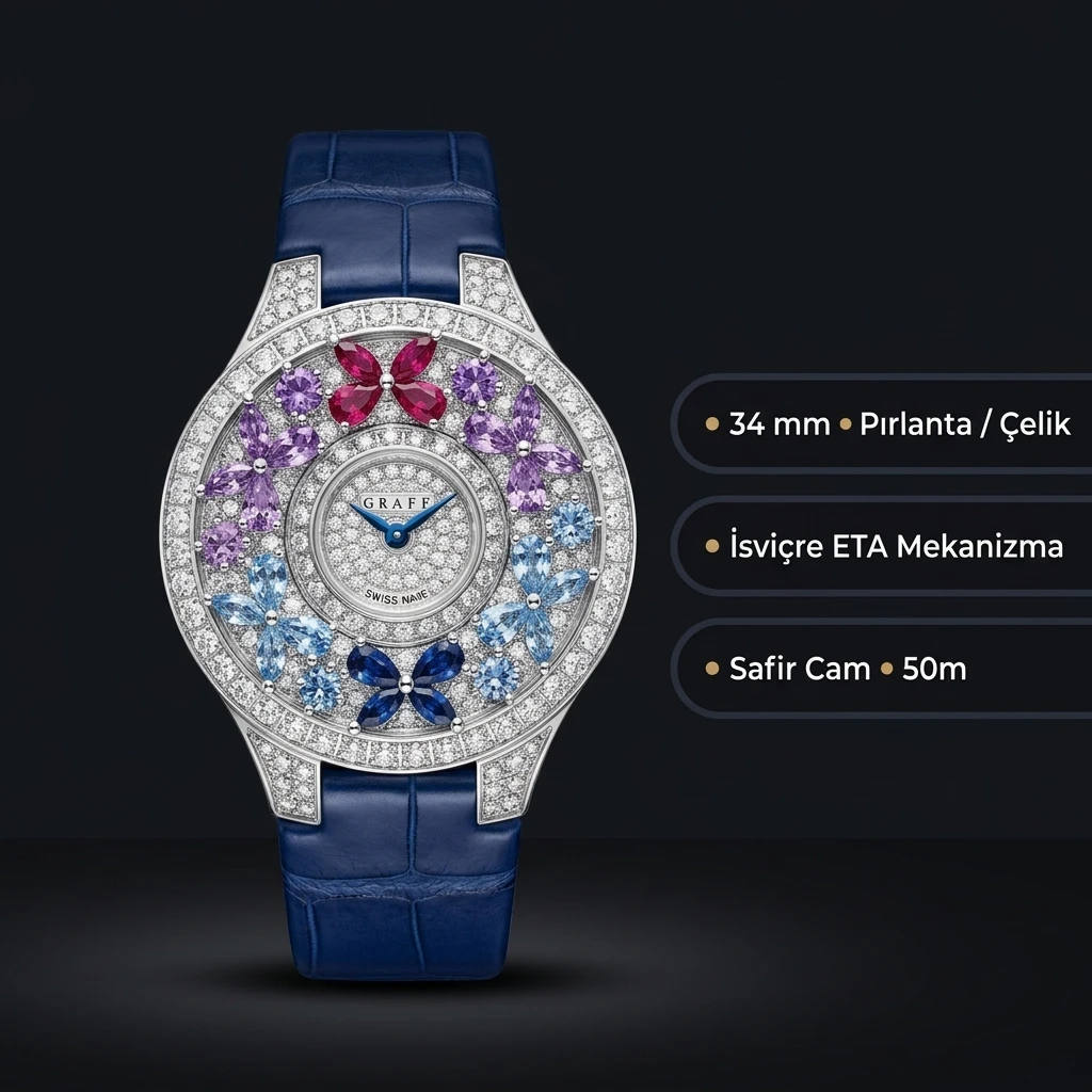 Graff Diamond Kelebek Renkli Taşlı Mavi Deri Super Clone ETA Saat