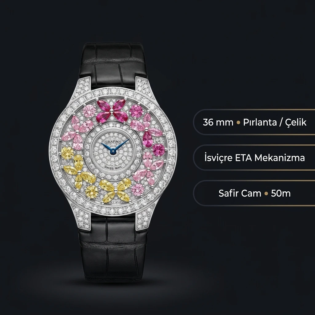 Graff Diamond Pembe Sarı Taşlı Siyah Deri Super Clone ETA Saat