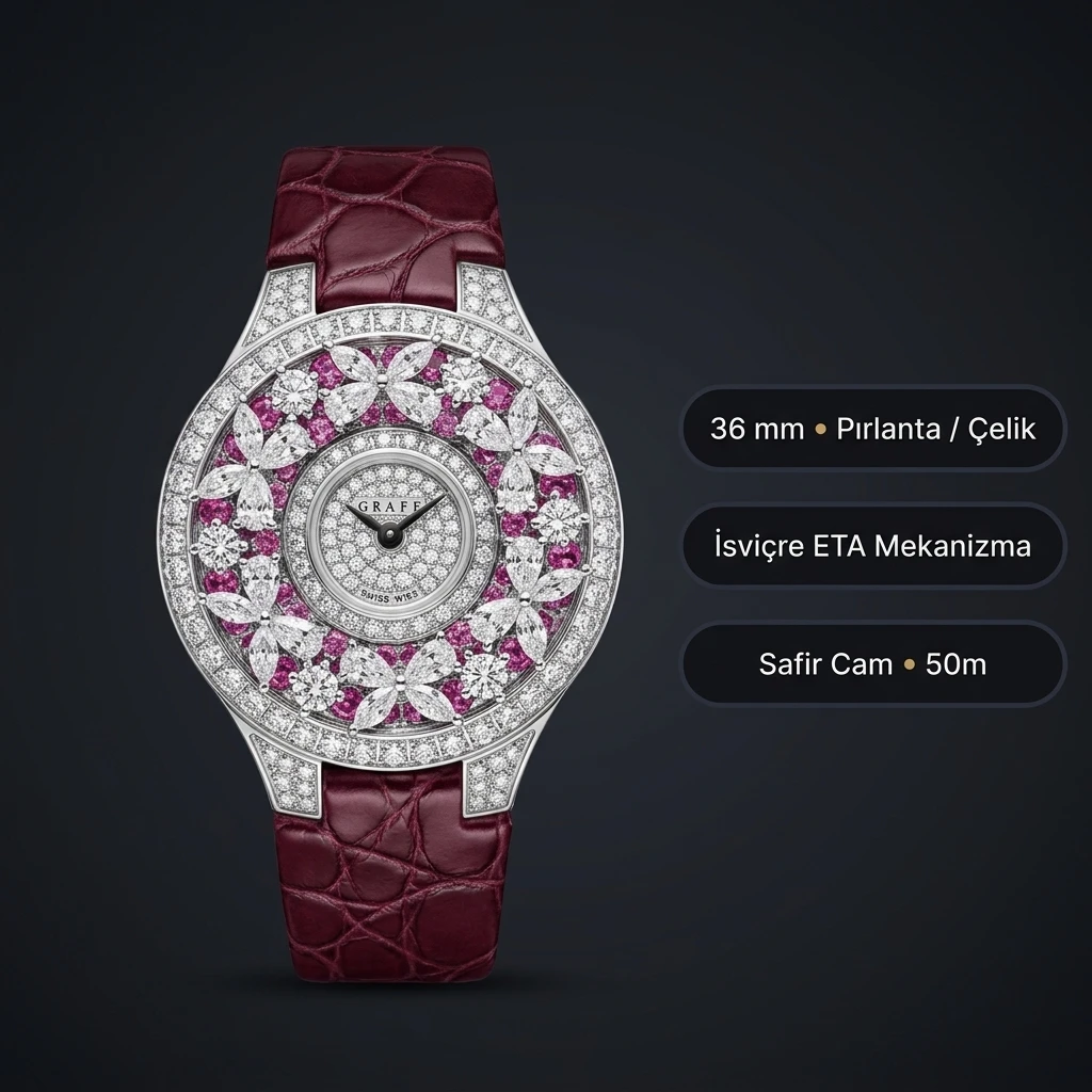 Graff Diamond Pembe Taşlı Bordo Deri Super Clone ETA Saat