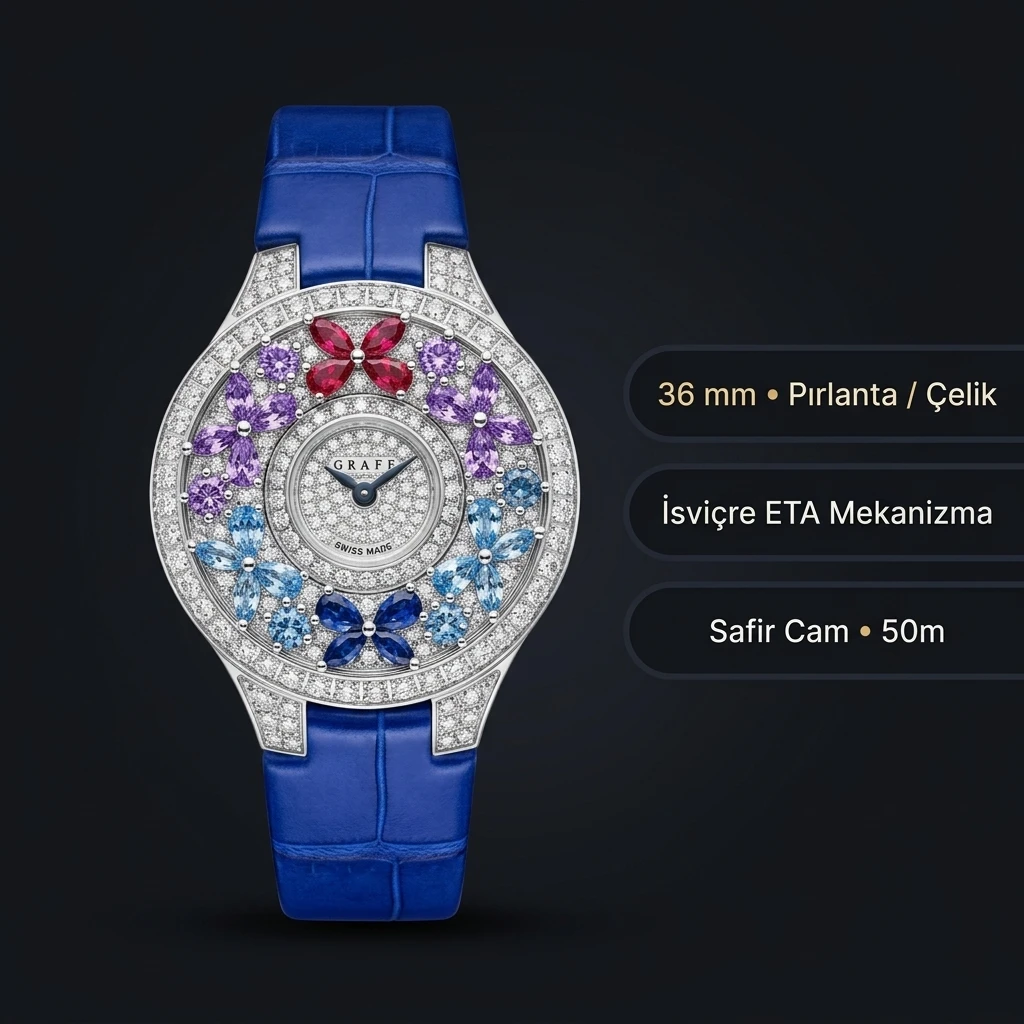 Graff Diamond Renkli Taşlı Mavi Deri Super Clone ETA Saat