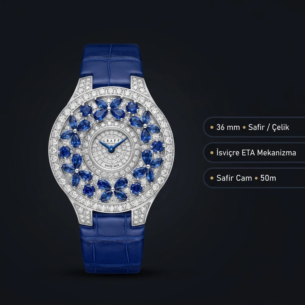 Graff Diamond Safir Taşlı Mavi Deri Super Clone ETA Saat