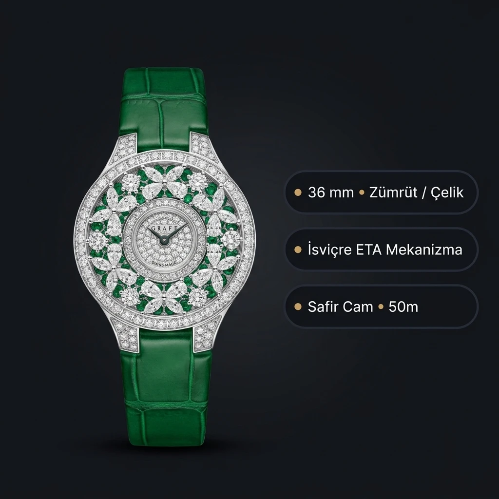 Graff Diamond Zümrüt Çiçek Yeşil Deri Parlak Super Clone ETA Saat