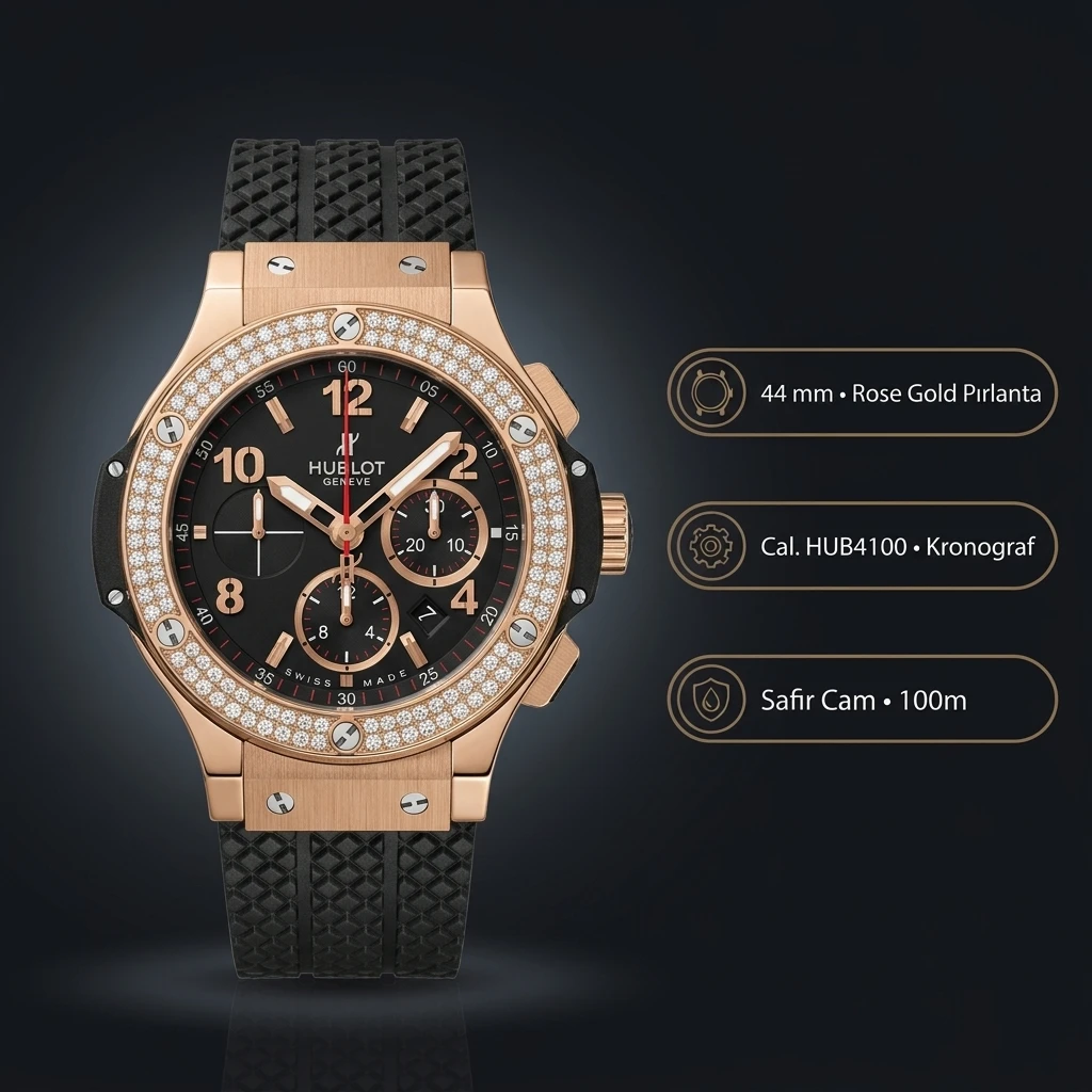Hublot Big Bang Rose Gold Siyah Elmas Taşlı Chronograph Super Clone ETA Saat