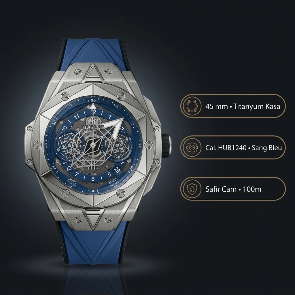Hublot Big Bang Sang Bleu Gri Geometrik Skeleton Kauçuk Kordon Super Clone ETA Saat