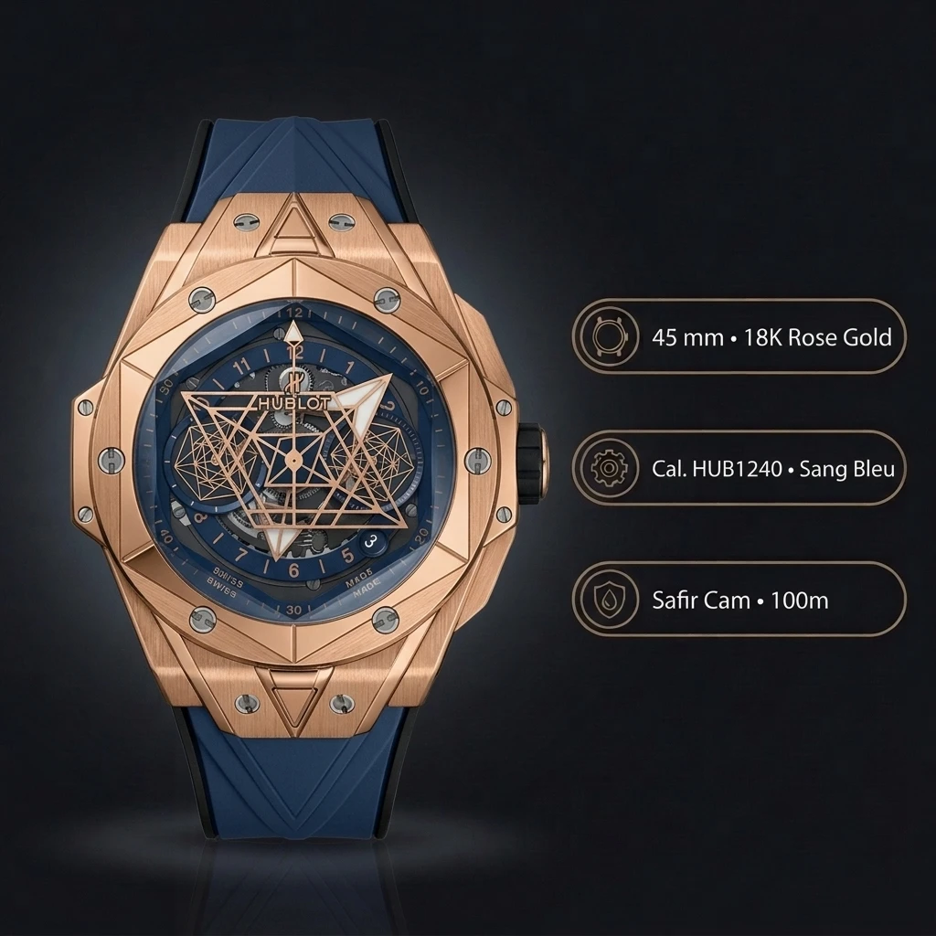 Hublot Big Bang Sang Bleu Rose Skeleton Mavi Kauçuk Kordon Super Clone ETA Saat