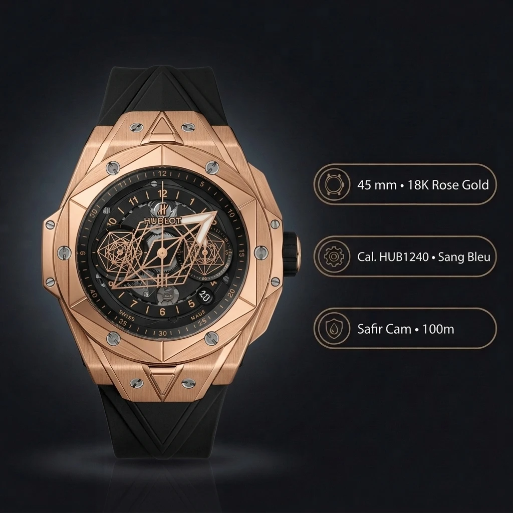 Hublot Big Bang Sang Bleu Rose Skeleton Siyah Kauçuk Kordon Super Clone ETA Saat
