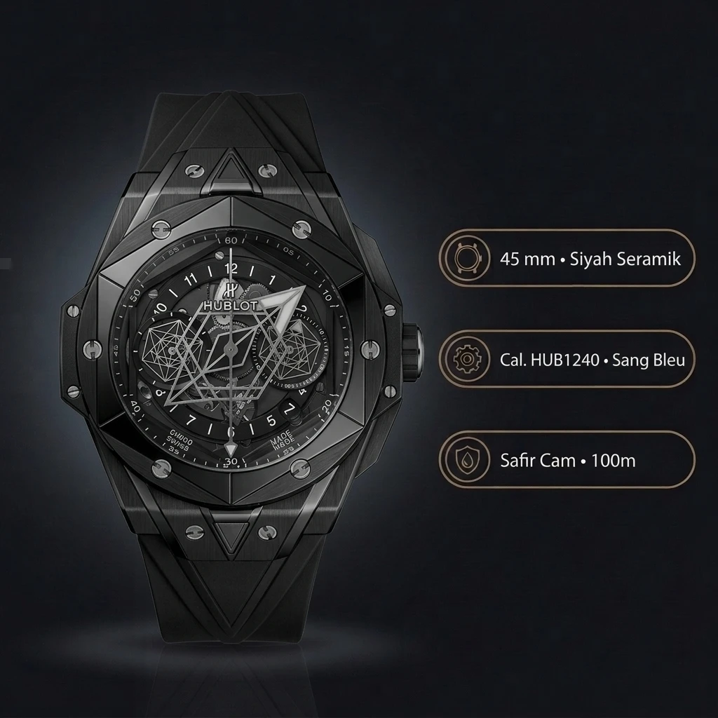 Hublot Big Bang Sang Bleu Siyah Seramik Geometrik Skeleton Super Clone ETA Saat