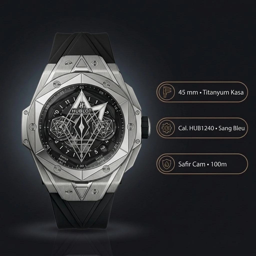 Hublot Big Bang Sang Bleu Titanyum Geometrik Skeleton Kauçuk Kordon Super Clone ETA Saat