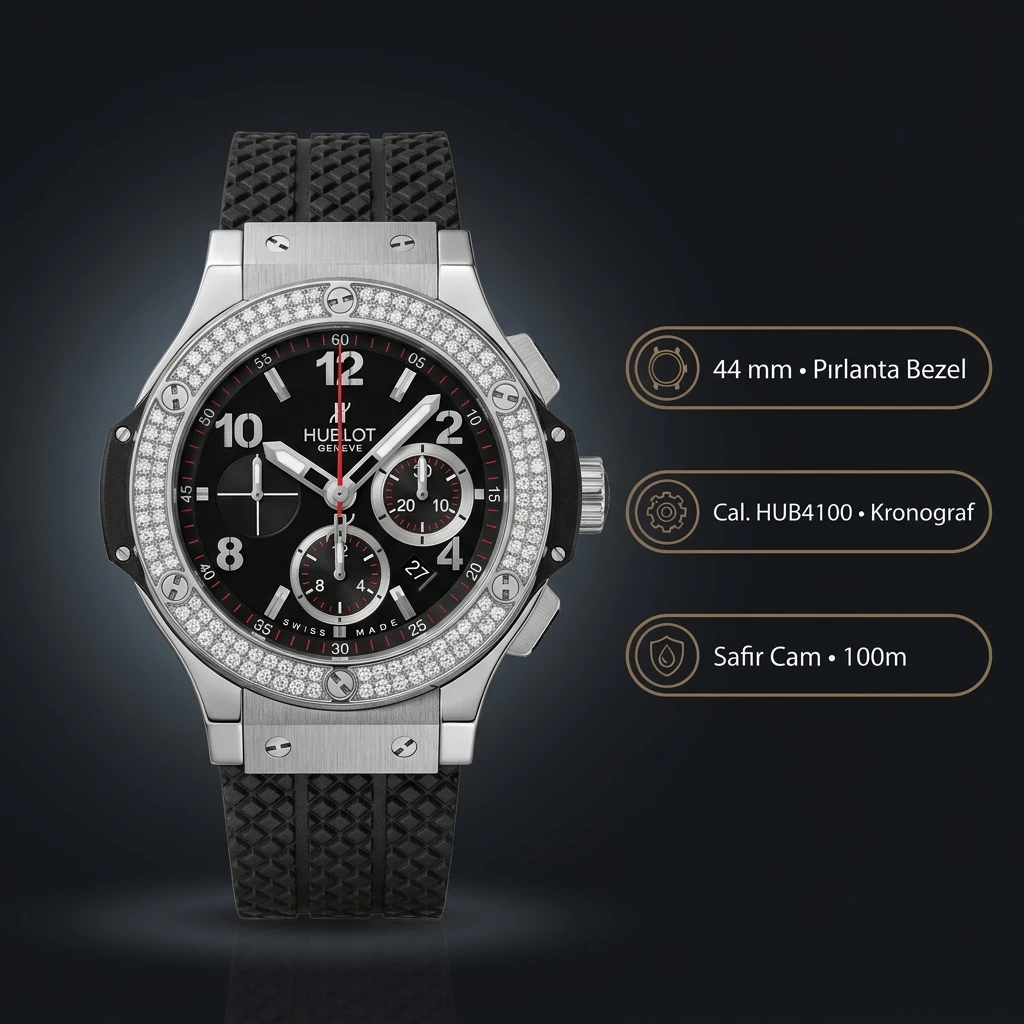 Hublot Big Bang Siyah Chronograph Elmas Taşlı Bezel Super Clone ETA Saat
