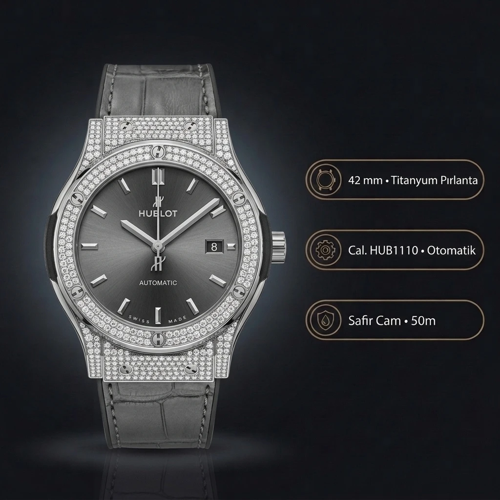 Hublot Classic Fusion Gri Kadran Elmas Taşlı Deri Super Clone ETA Saat