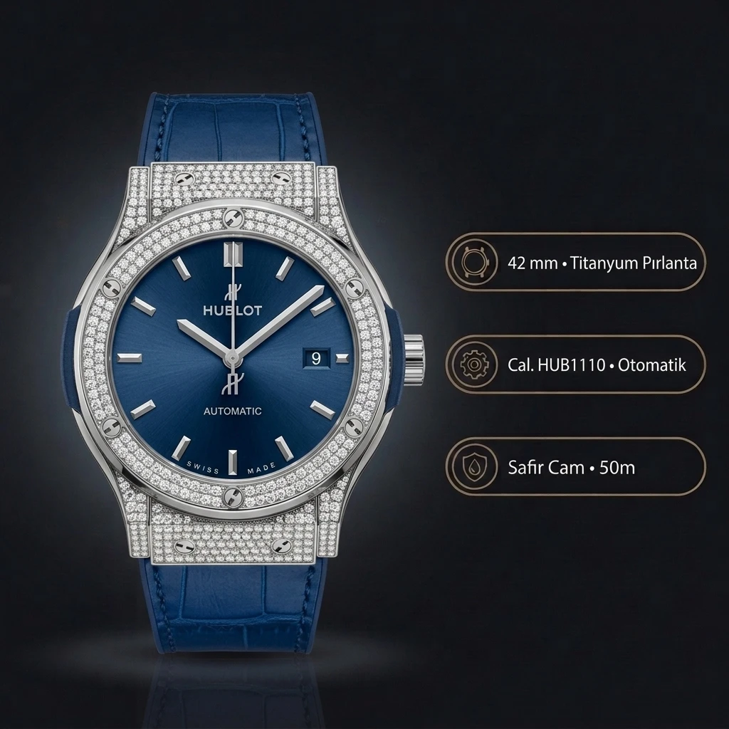 Hublot Classic Fusion Mavi Kadran Elmas Taşlı Deri Super Clone ETA Saat