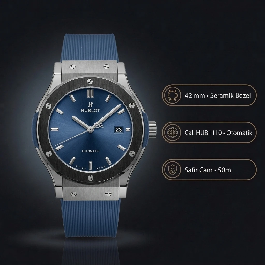 Hublot Classic Fusion Mavi Seramik Kadran Kauçuk Kordon Super Clone ETA Saat
