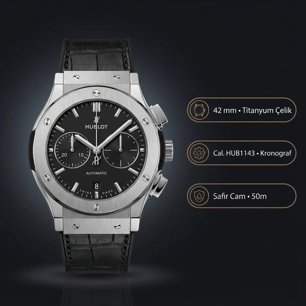 Hublot Classic Fusion Siyah Chronograph Çelik Deri Super Clone ETA Saat