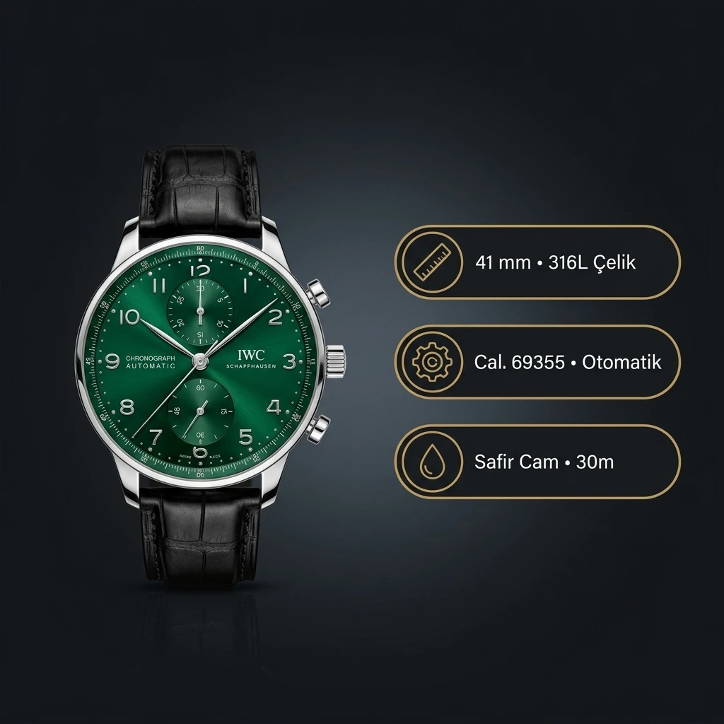 IWC Portugieser Yeşil Chronograph Deri Parlak Super Clone ETA Saat