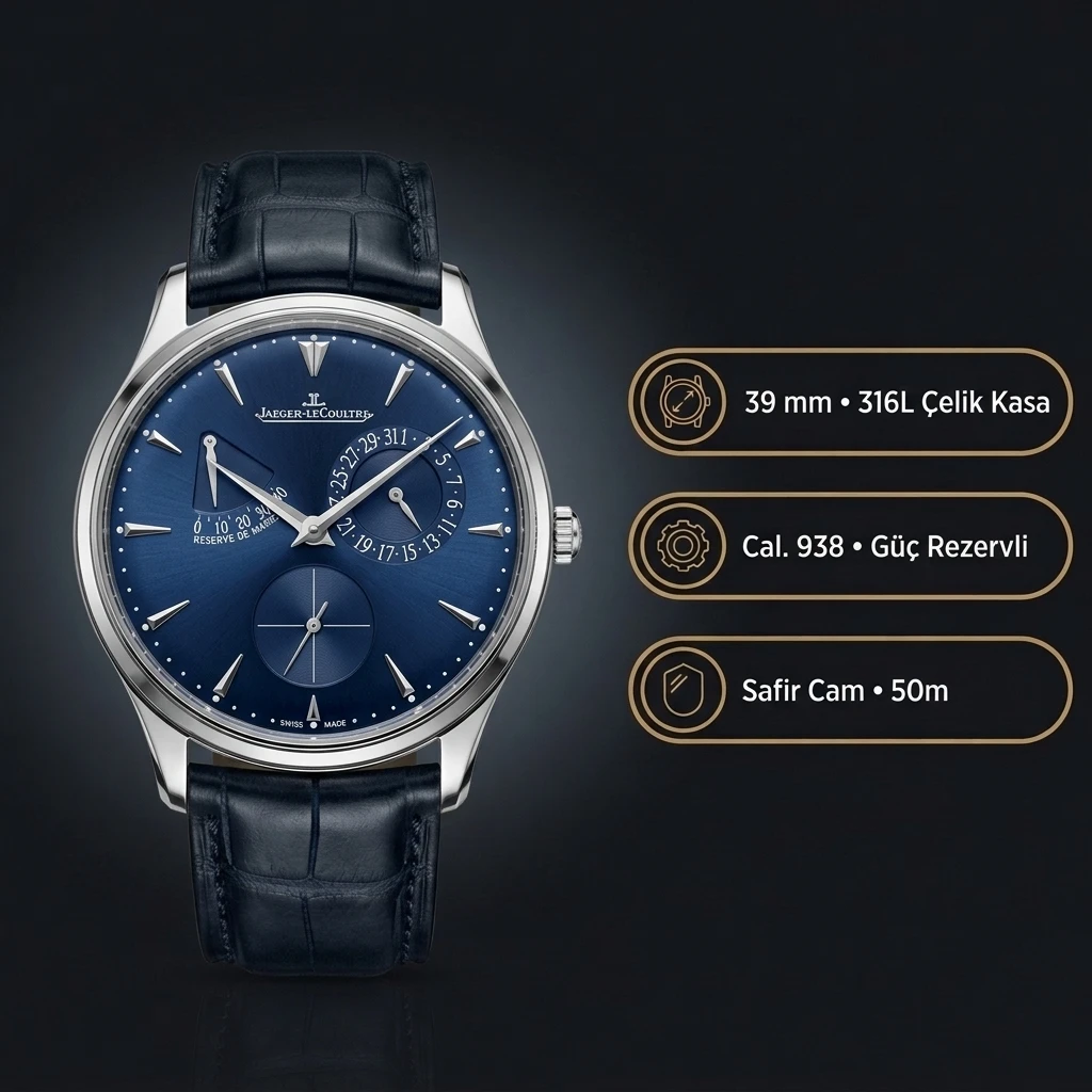 Jaeger-LeCoultre GMT-Master II Master Ultra Thin Gri Kadran Mavi Deri Kordon Super Clone ETA Saat