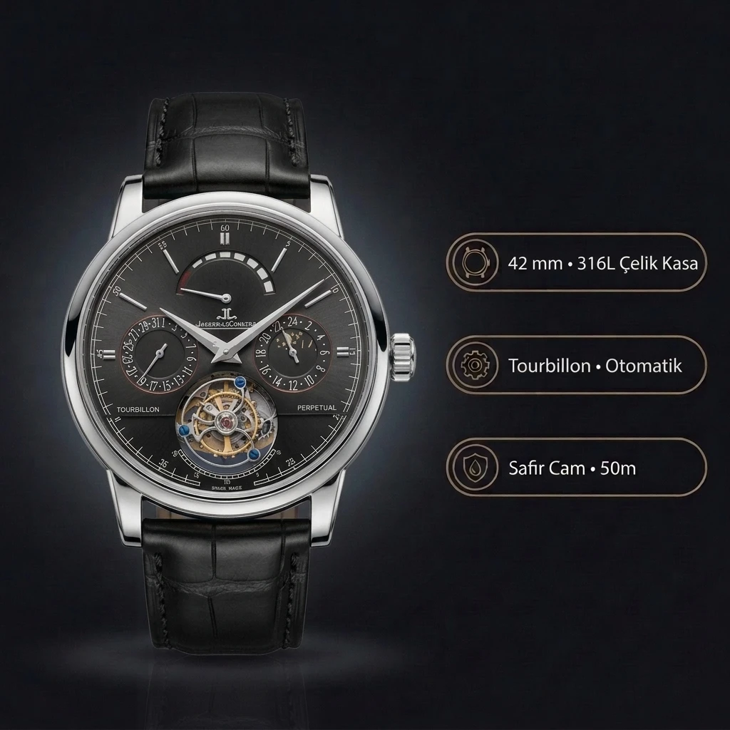 Jaeger-LeCoultre Master Grande Tradition Tourbillon Çelik Siyah Kadran Siyah Deri Kordon Super Clone ETA Saat