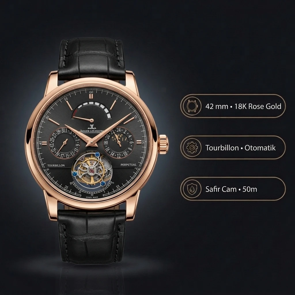 Jaeger-LeCoultre Master Grande Tradition Tourbillon Rose Kasa Gri Kadran Siyah Deri Kordon Super Clone ETA Saat