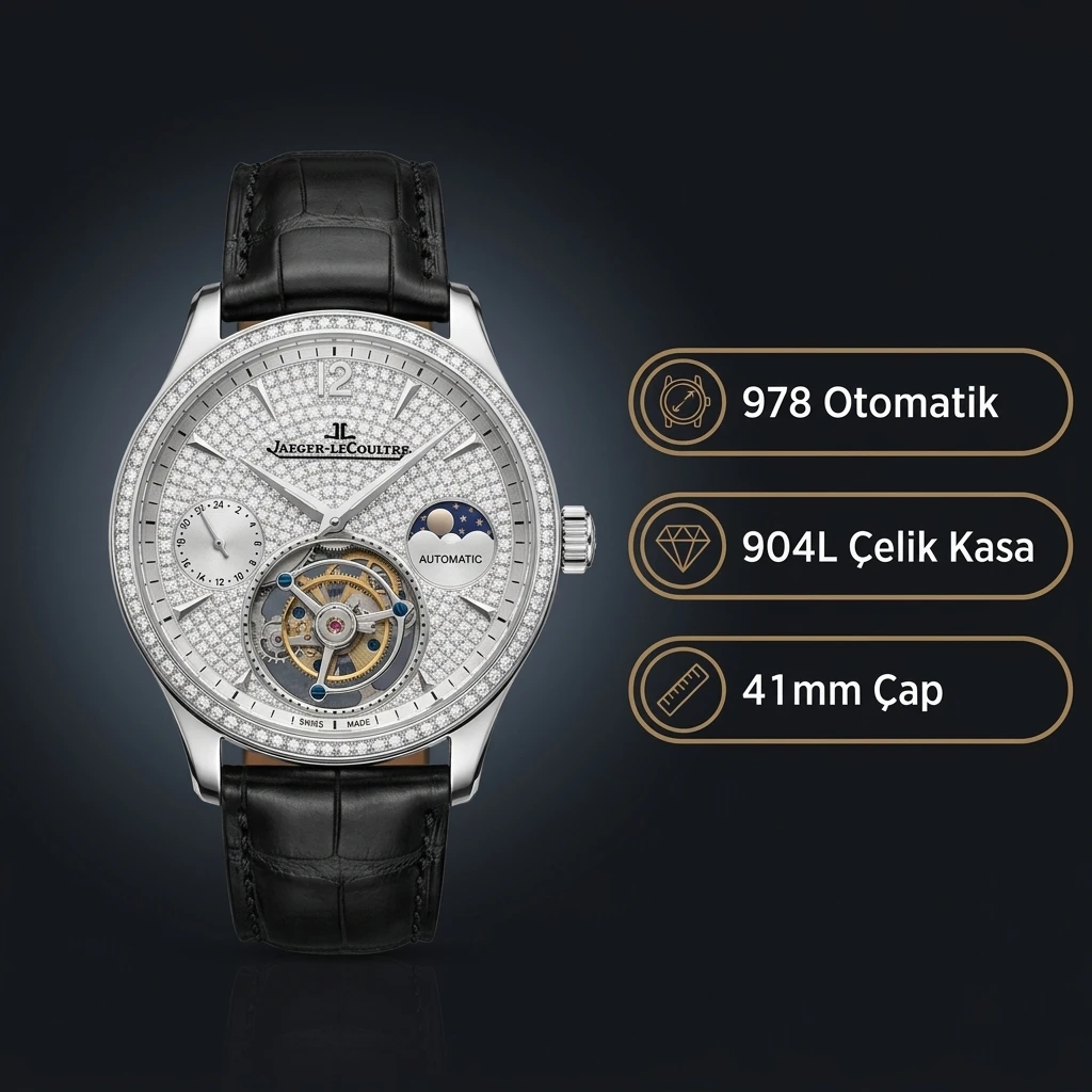 Jaeger-LeCoultre Master Tourbillon Moonphase Tas Kadran Çelik Elmas Bezel Siyah Deri Kordon Super Clone ETA Saat