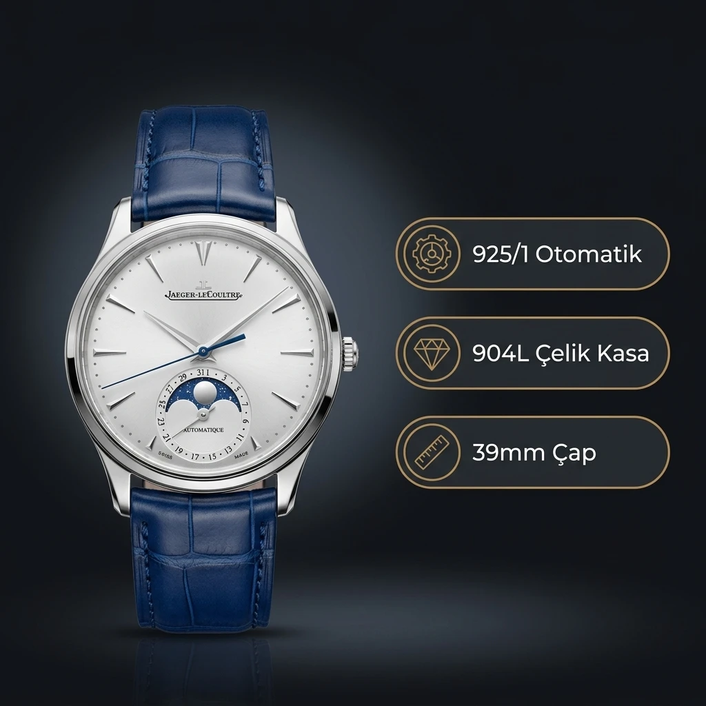 Jaeger-LeCoultre Master Ultra Thin Moon Gümüş Kadran Mavi Deri Super Clone ETA Saat
