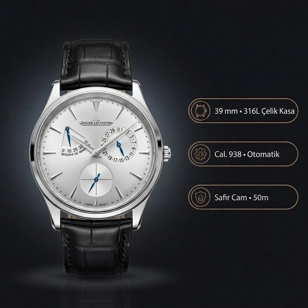 Jaeger-LeCoultre Master Ultra Thin Reserve de Marche Çelik Gümüş Kadran Siyah Deri Kordon Super Clone ETA Saat