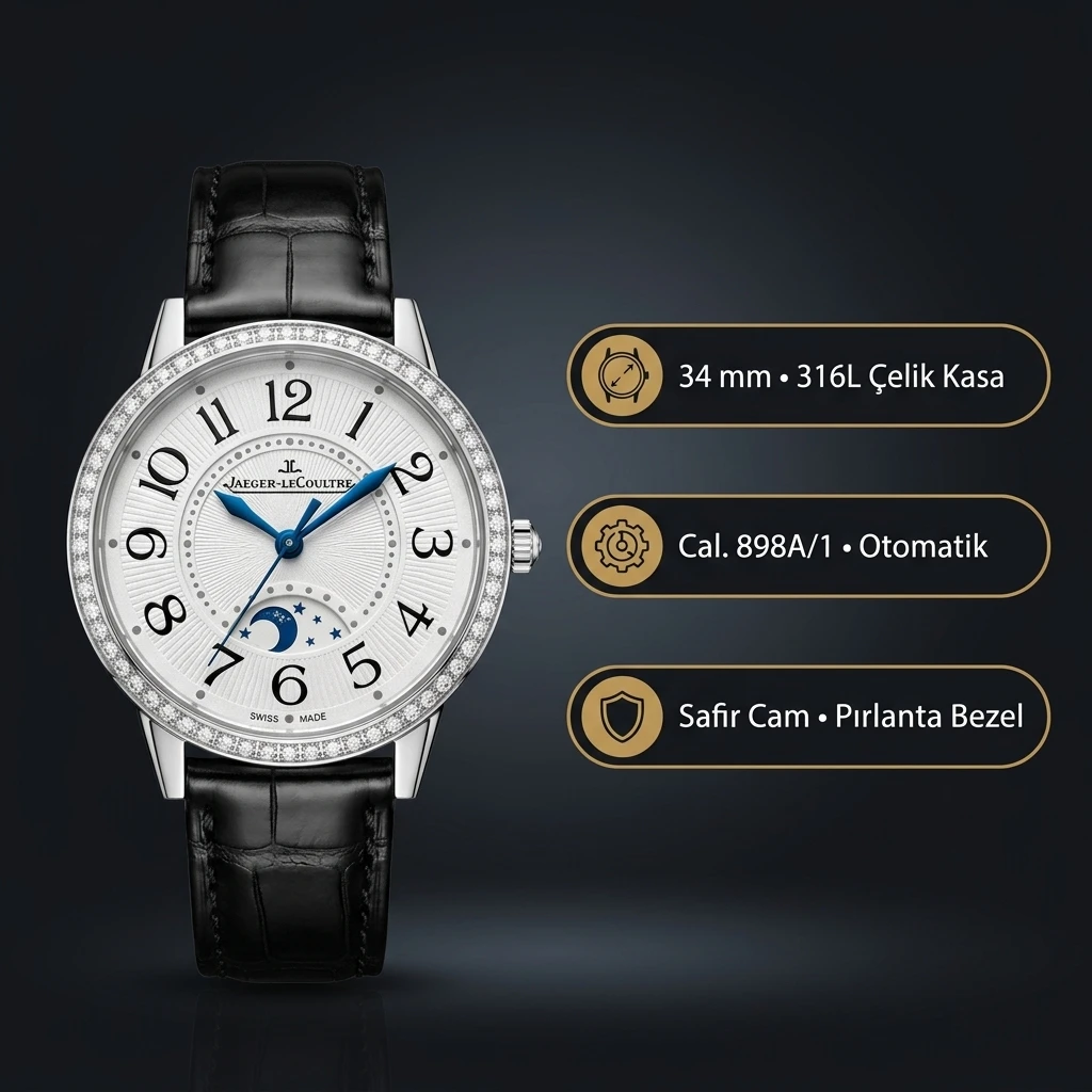 Jaeger-LeCoultre Rendez-Vous Beyaz Kadran Baget Bezel Siyah Deri Kordon Super Clone ETA Saat