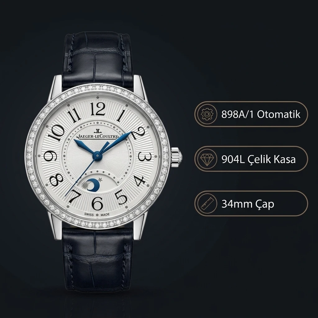 Jaeger-LeCoultre Rendez-Vous Beyaz Kadran Taşlı Bezel Çelik Deri Kordon 34mm Super Clone ETA Saat