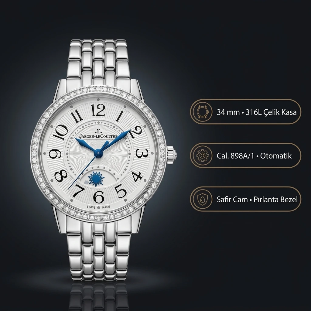 Jaeger-LeCoultre Rendez-Vous Çelik Kasa Baget Bezel Gümüş Kadran Çelik Kordon Super Clone ETA Saat