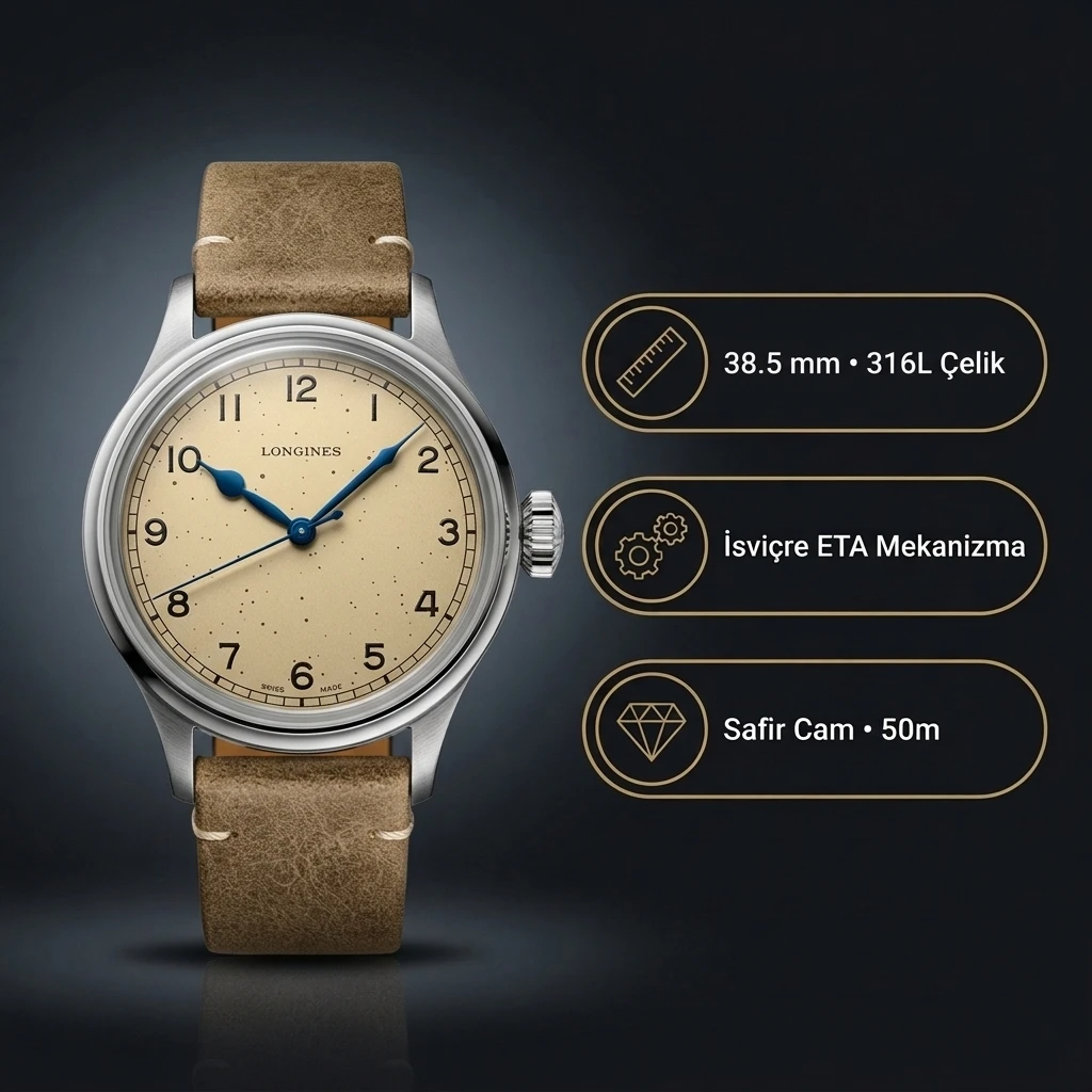 Longines Heritage Military 38.5mm Krem Kadran Kahverengi Deri Super Clone ETA Saat