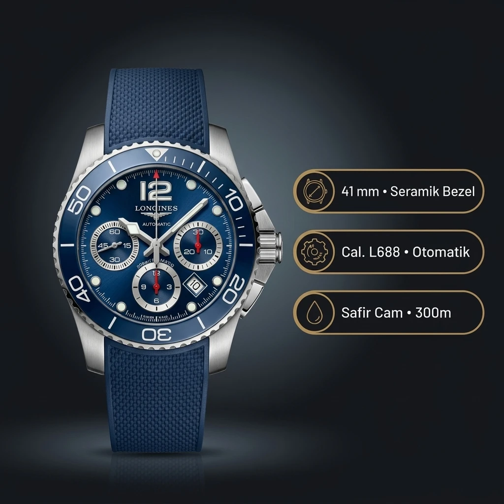 Longines HydroConquest Mavi Chronograph Kauçuk Kordon Super Clone ETA Saat