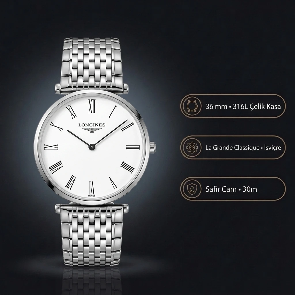 Longines La Grande Classique Çelik Beyaz Kadran Mavi Çelik Kordon Super Clone ETA Saat
