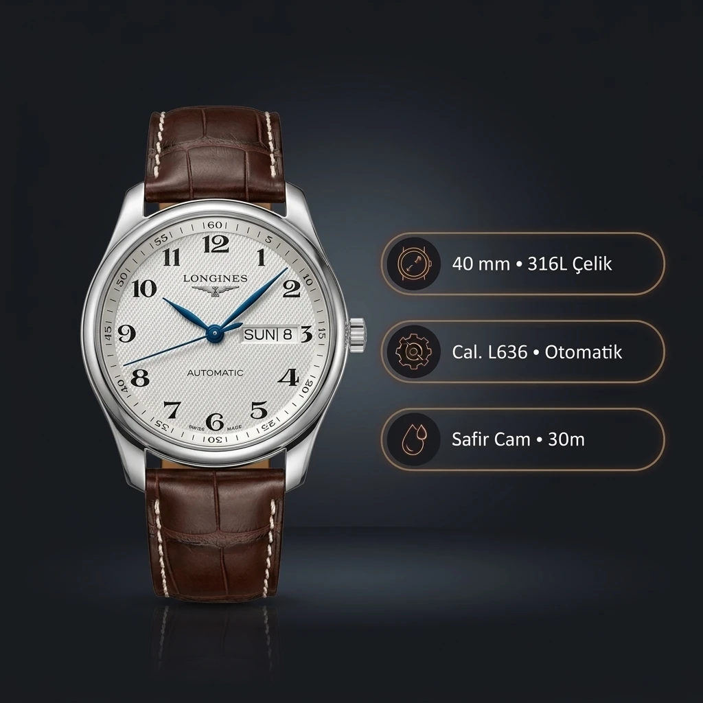 Longines Master Collection Beyaz Arabik Moonphase Deri Gündüz Super Clone ETA Saat