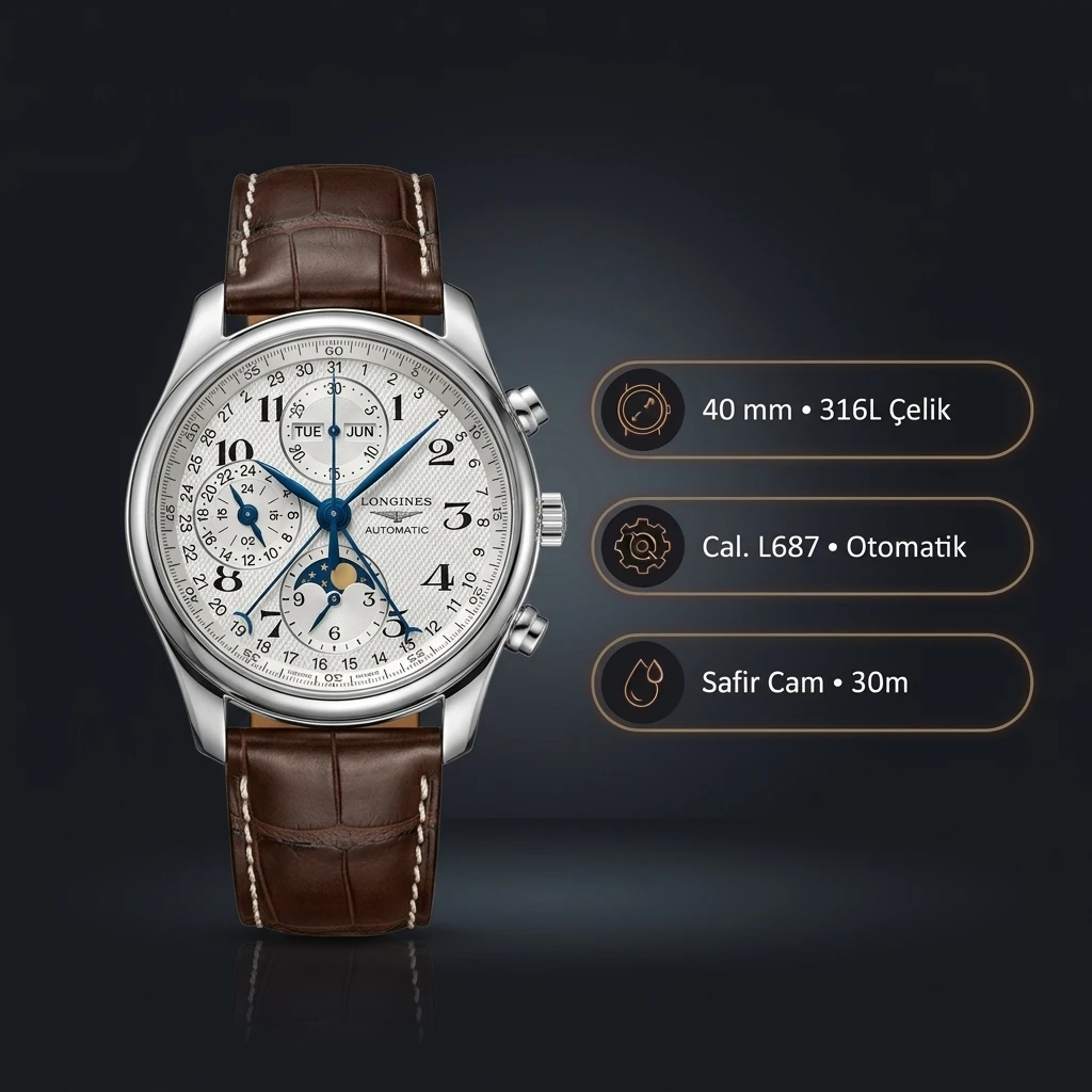 Longines Master Collection Krem Chronograph Moonphase Deri Super Clone ETA Saat