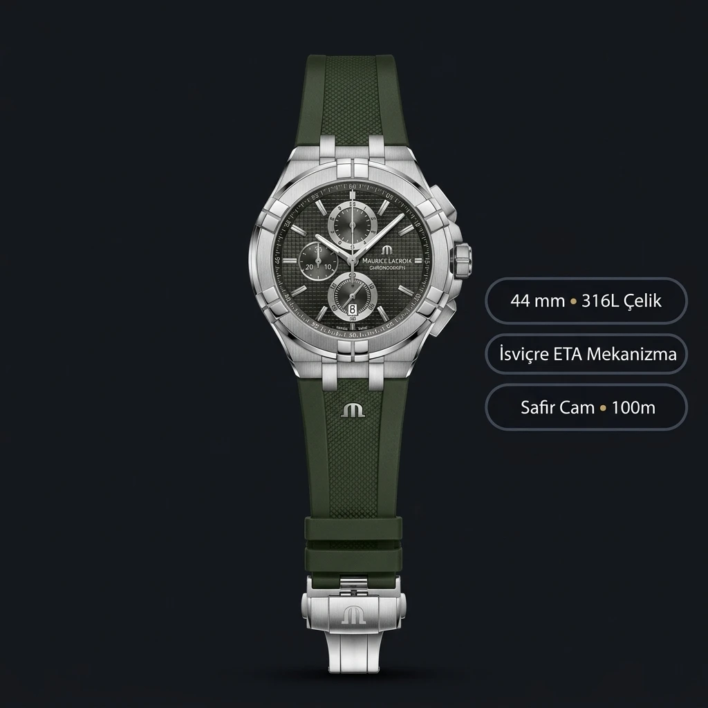 Maurice Lacroix Aikon Siyah Chronograph Yeşil Kauçuk Kordon Super Clone ETA Saat