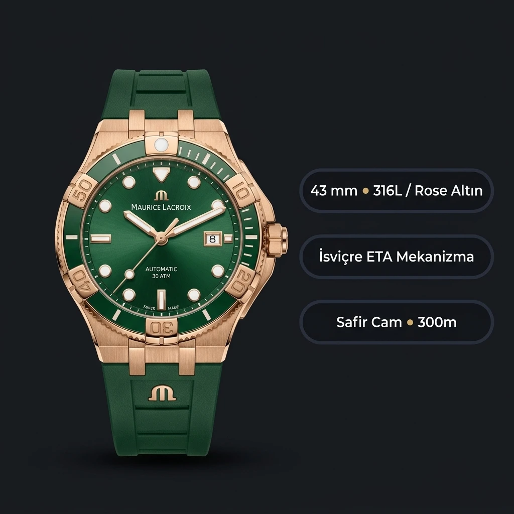 Maurice Lacroix Aikon Venturer Rose Yeşil Otomatik Kauçuk Kordon Super Clone ETA Saat