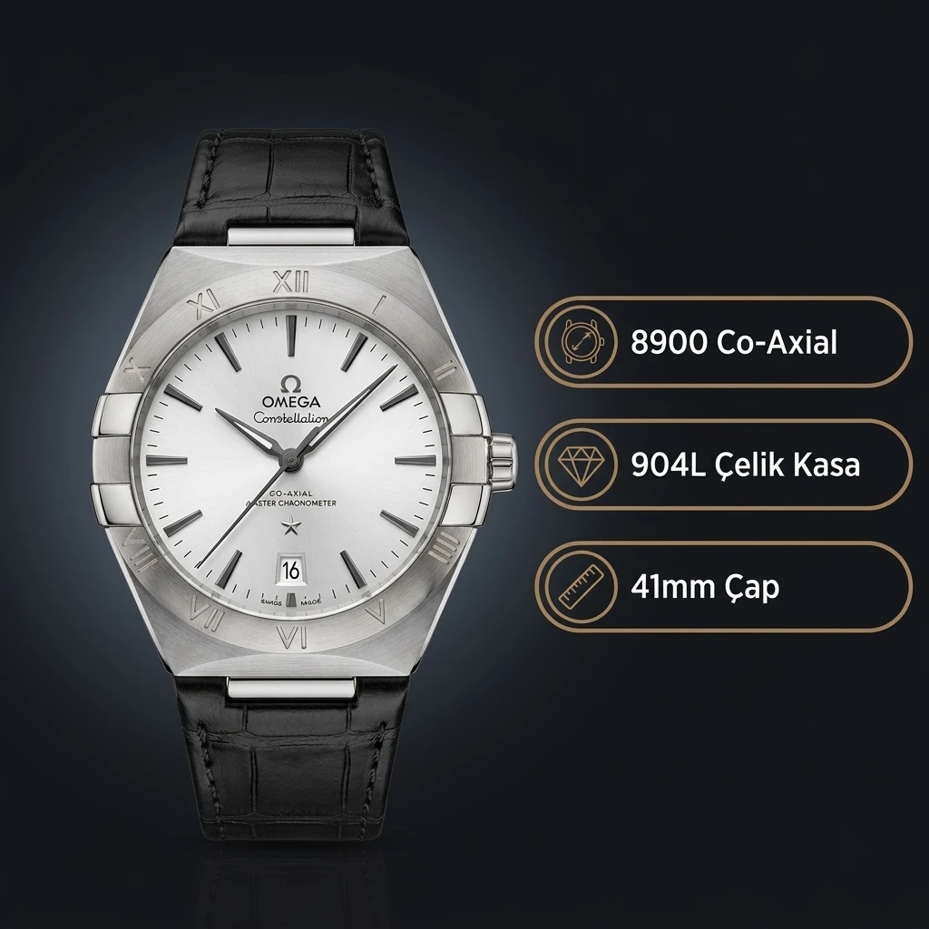 Omega 41 mm 131.20.41 Constellation Beyaz Kadran Çelik Kasa Siyah Deri Super Clone ETA Saat