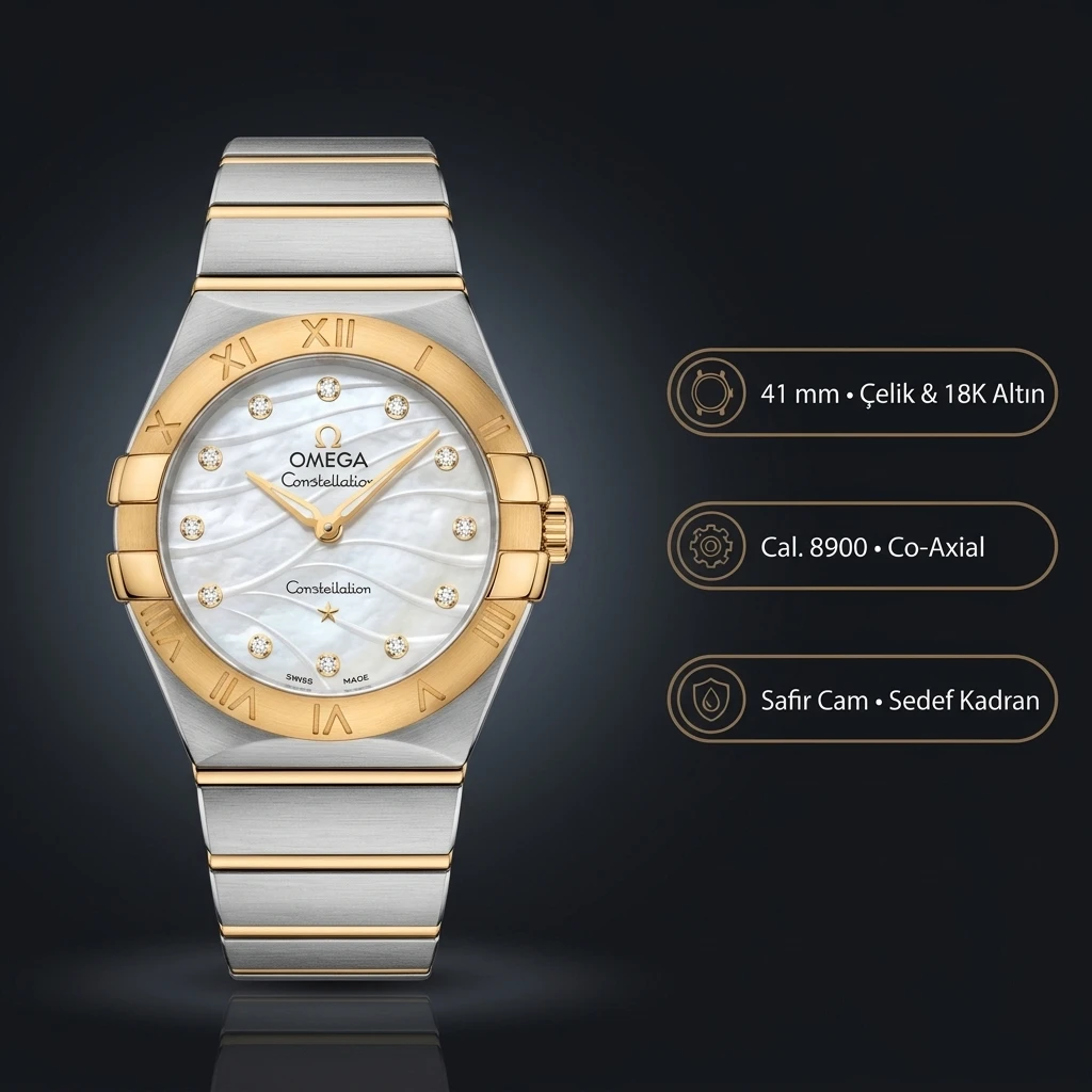 Omega 41 mm 131.20.41 Constellation Çelik Altın Beyaz Sedef Kadran Çelik Kordon Super Clone ETA Saat