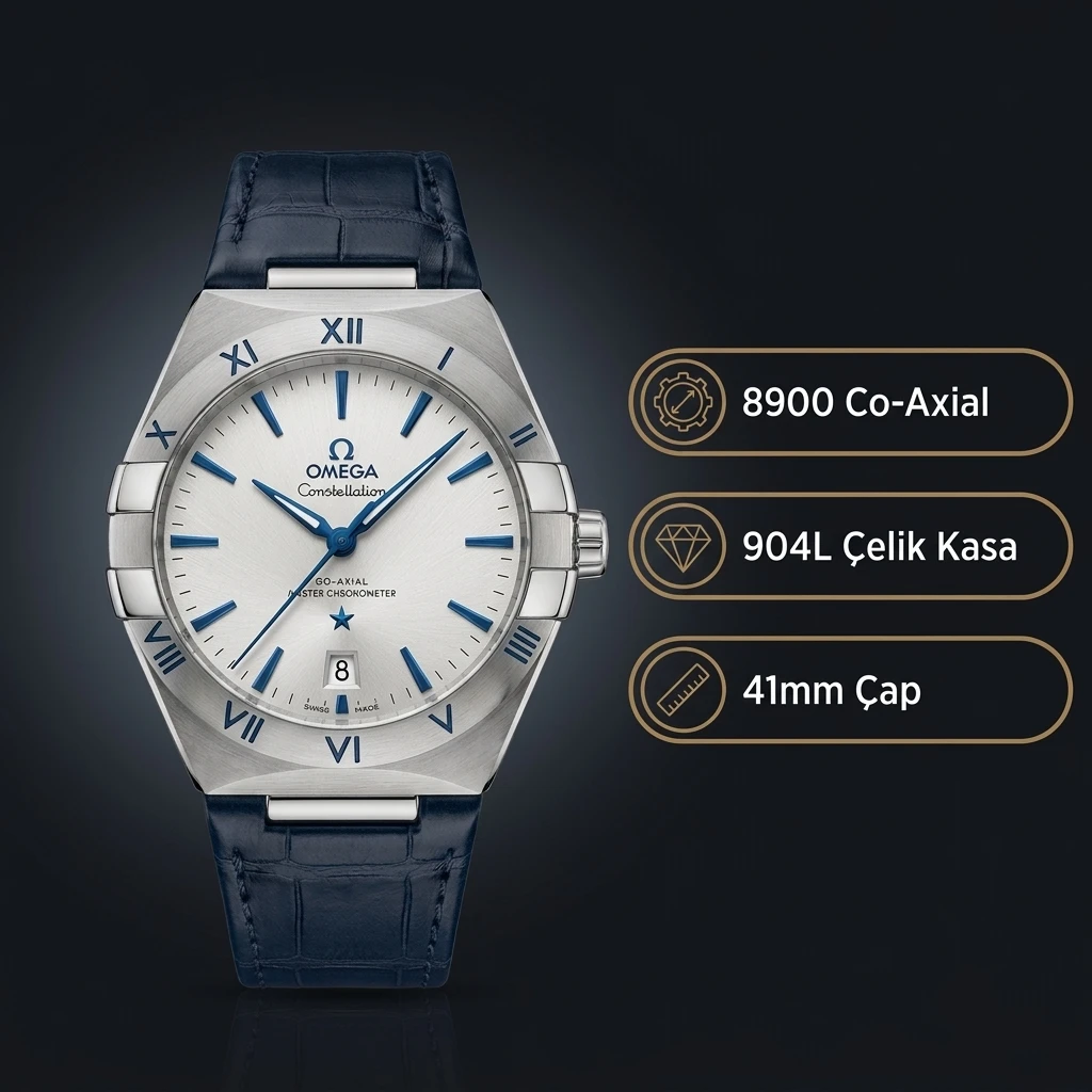Omega 41 mm 131.20.41 Constellation Gümüş Kadran Çelik Kasa Mavi Deri Super Clone ETA Saat