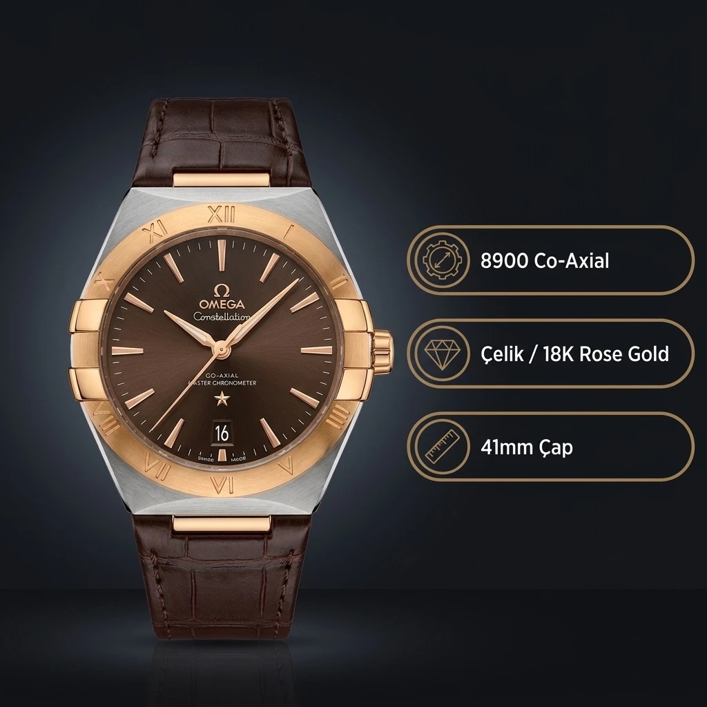 Omega 41 mm 131.20.41 Constellation Kahverengi Kadran Rose Çelik Kasa Kahverengi Deri Super Clone ETA Saat