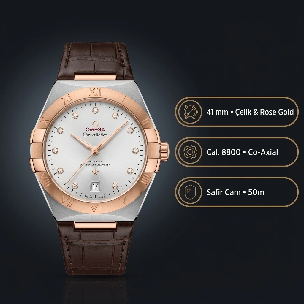 Omega 41 mm 131.20.41 Gmt Master Ii Constellation Beyaz Baget Kadran Rose Çelik Kasa Kahverengi Deri Gümüş Kadran Super Clone ETA Saat