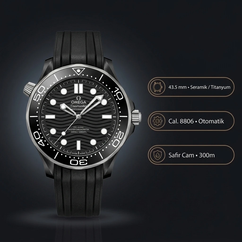 Omega 42 mm 210.30.42 Seamaster Diver 300m Siyah Dalga Kadran Kauçuk Kordon Super Clone ETA Saat
