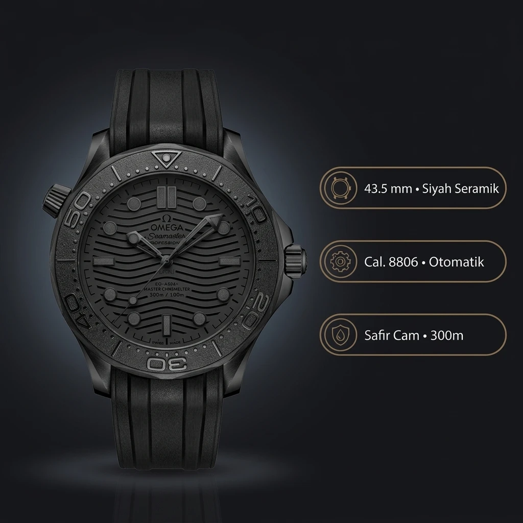 Omega 42 mm 210.30.42 Seamaster Diver 300m Siyah Dlc Kauçuk Kordon Super Clone ETA Saat