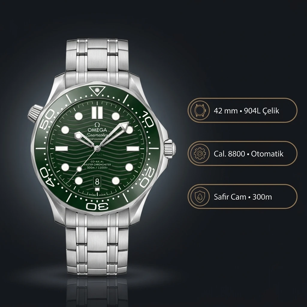 Omega 42 mm 210.30.42 Seamaster Diver 300m Yeşil Kadran Çelik Super Clone ETA Saat