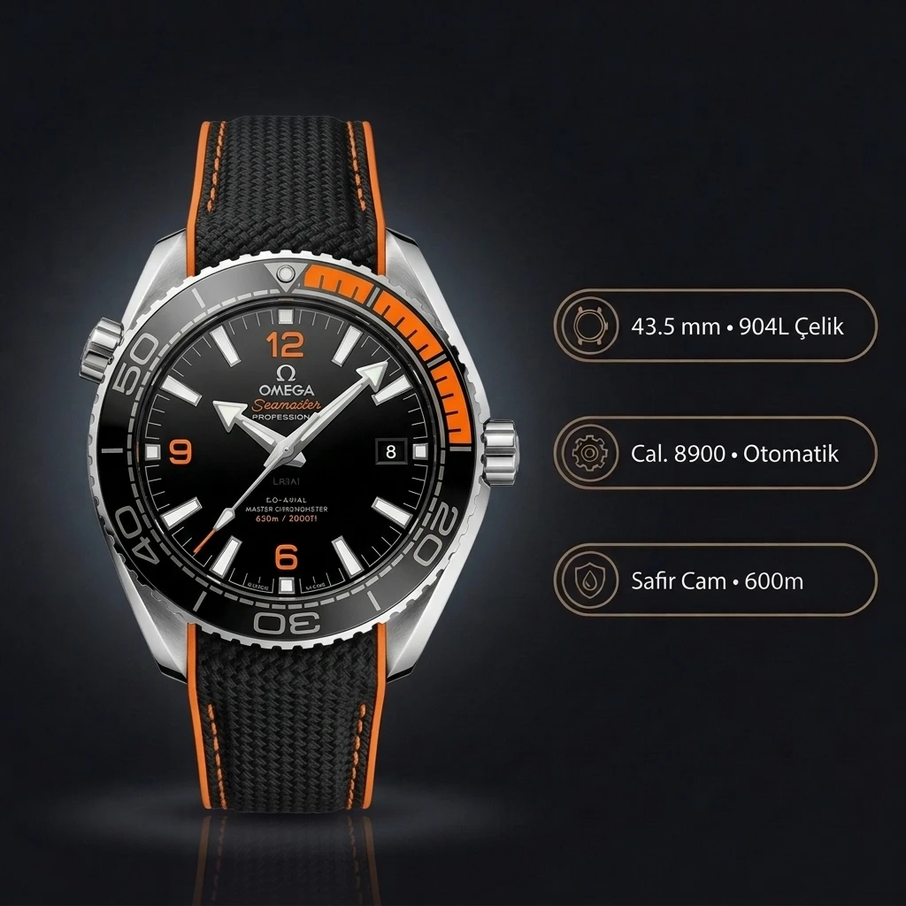 Omega 43.5 mm 215.30.44 Seamaster Planet Ocean Siyah Kadran Turuncu Detay Kauçuk Kordon Super Clone ETA Saat